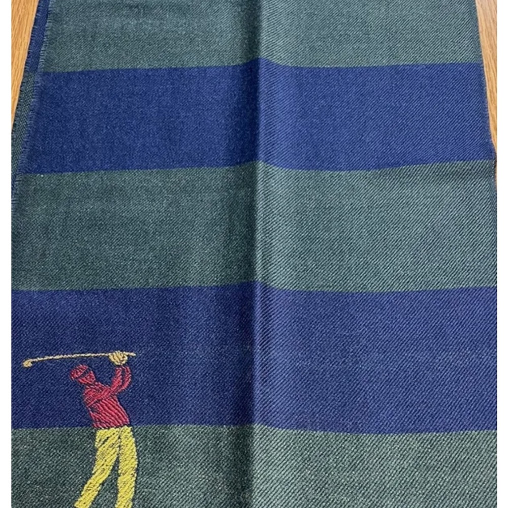 reine schurwolle 100% wool scarf w/golfer blue/green Germany used plaid vintage